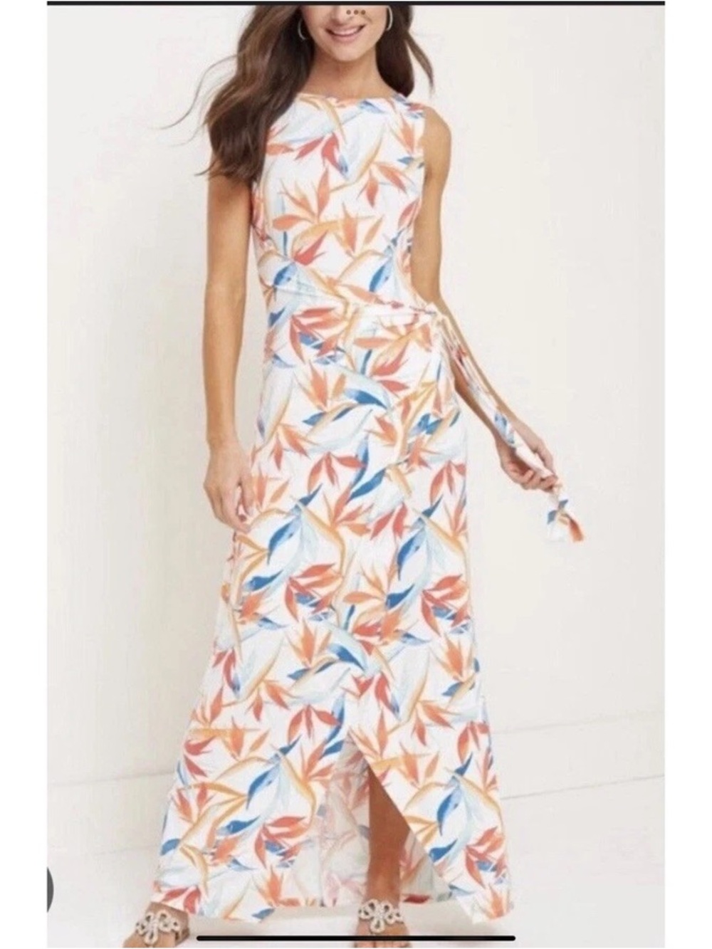 Tommy Bahama White Maxi Dress with Orange and Blue Leaf Print